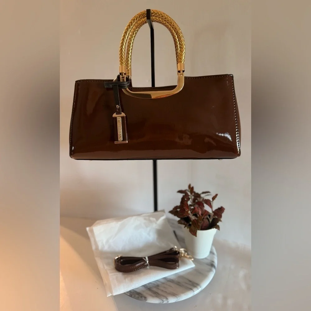 NWOT Elegant Evening Satchel Crossbody Bag Glossy Brown Zipper PU Leather Dusty